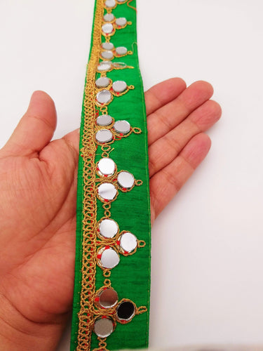 Green Silk Trim With Mirrors Embellishments and Gold Embroidery, Approx. 34mm Wide, Decorative Trim Costume Trim Fashion Trim By Yard